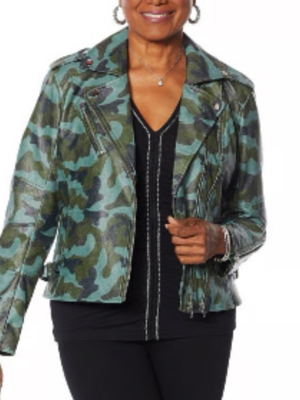 Colleen Lopez Moto Camouflage Green Faux Leather Jacket M